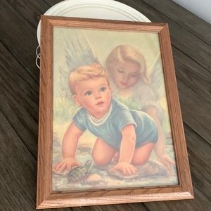 Vintage Framed Mid Century " His Guardian Angel" Print Artist Erna Kasabach